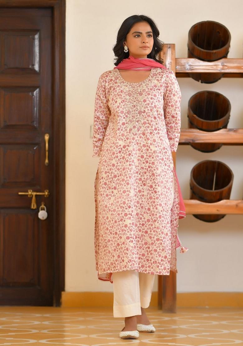 Cream Zari Work Cotton Suit Set - Indya