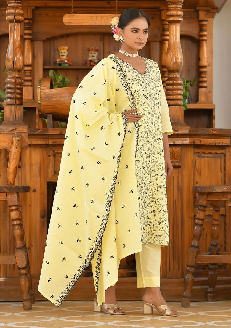 Lemon Thread Work Cotton Suit Set