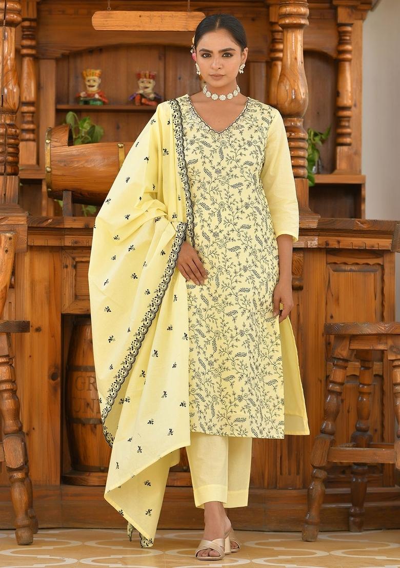 Lemon Thread Work Cotton Suit Set