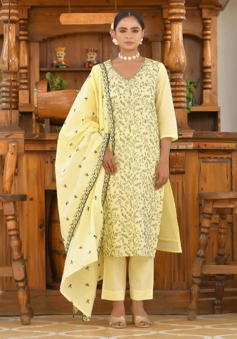 Lemon Thread Work Cotton Suit Set