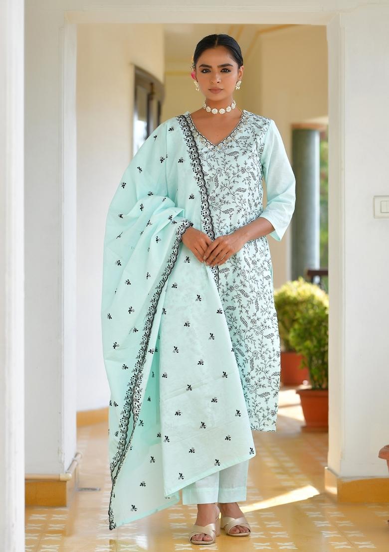 Sky Blue Thread Work Cotton Suit Set - Indya
