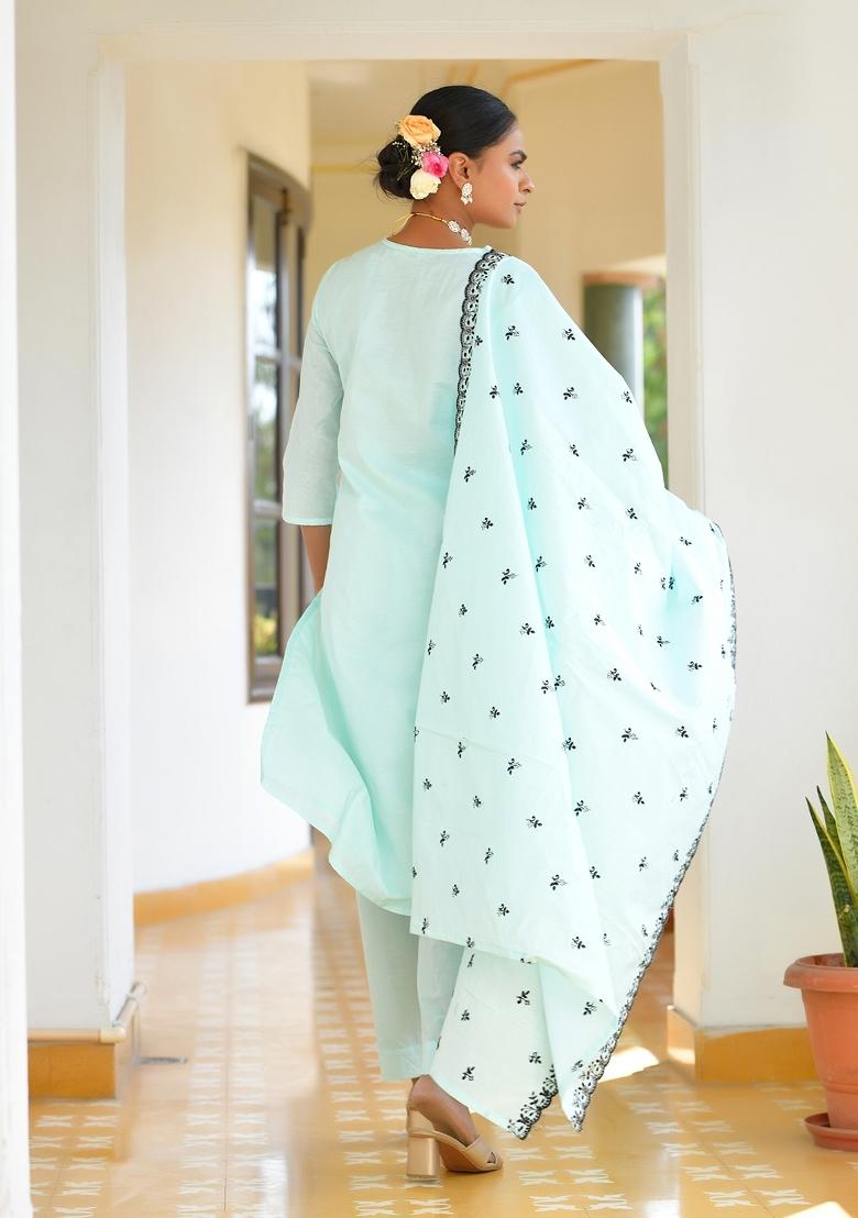 Sky Blue Thread Work Cotton Suit Set - Indya
