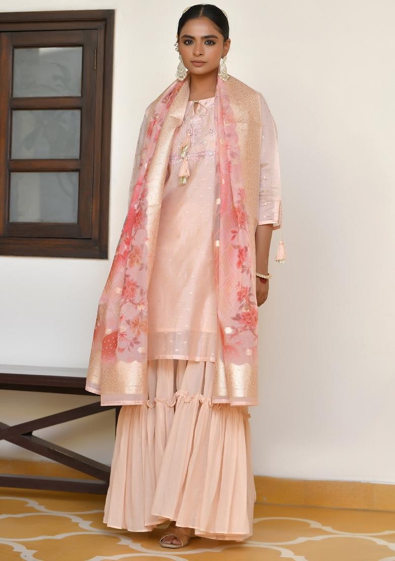 Apricot Dori Work Chanderi Sharar Set - Indya
