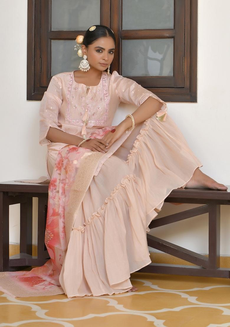 Apricot Dori Work Chanderi Sharar Set - Indya