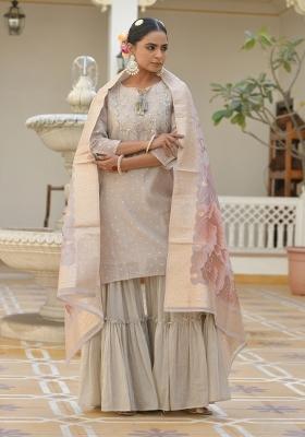 Khakhee Dori Work Chanderi Sharar Set