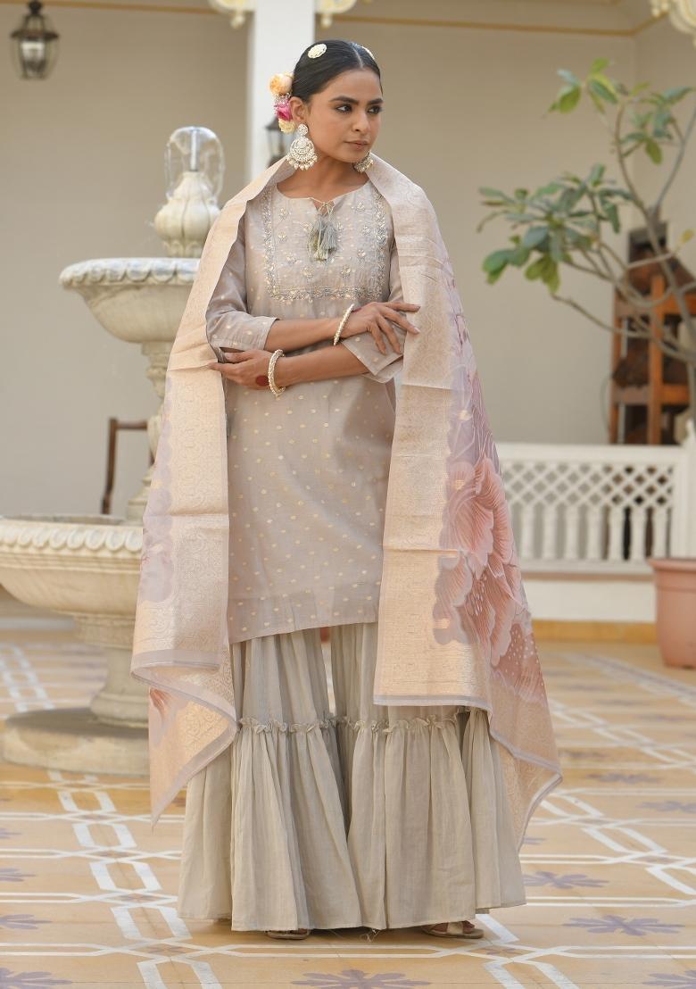 Khakhee Dori Work Chanderi Sharar Set - Indya