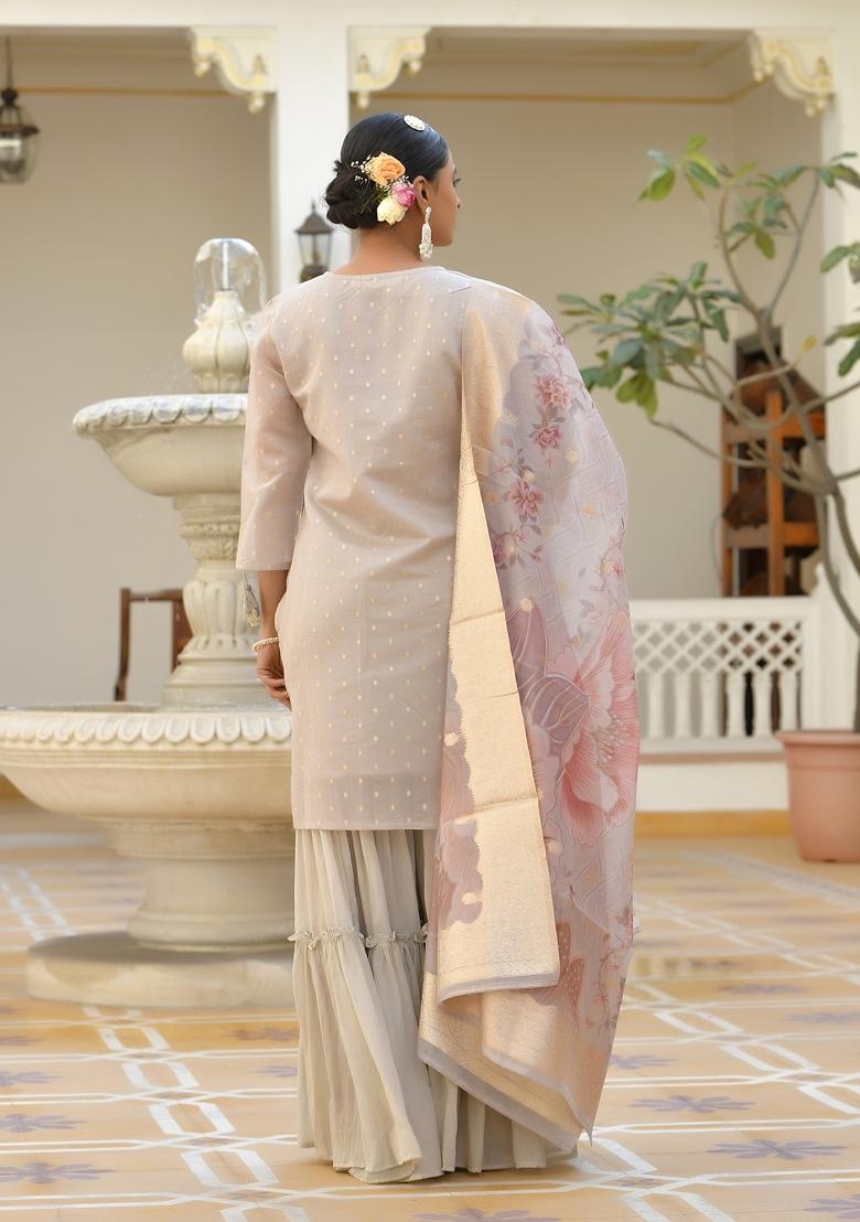 Khakhee Dori Work Chanderi Sharar Set - Indya