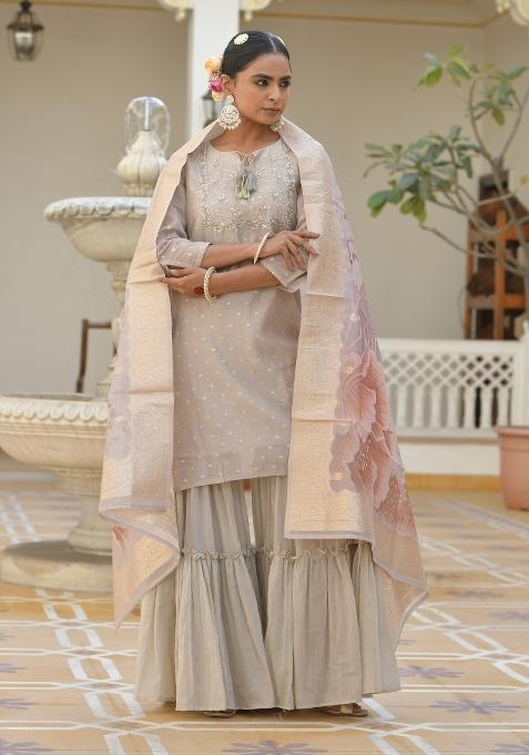 Khakhee Dori Work Chanderi Sharar Set