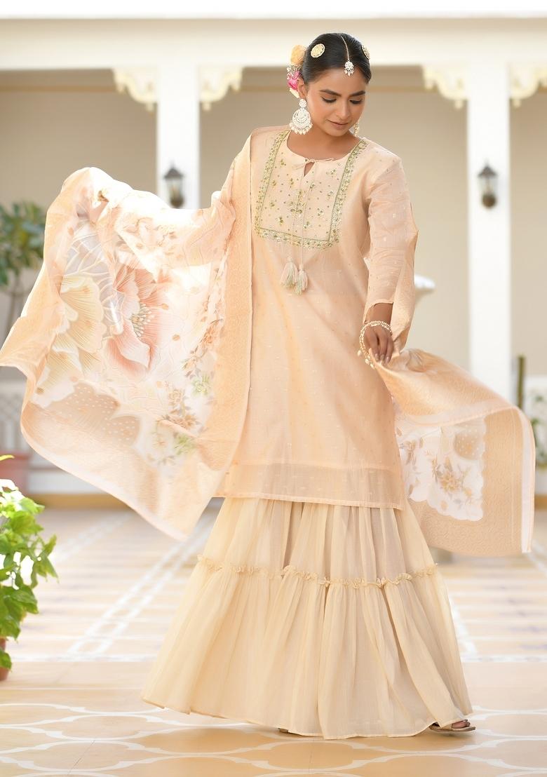 Peach Dori Work Chanderi Sharar Set - Indya