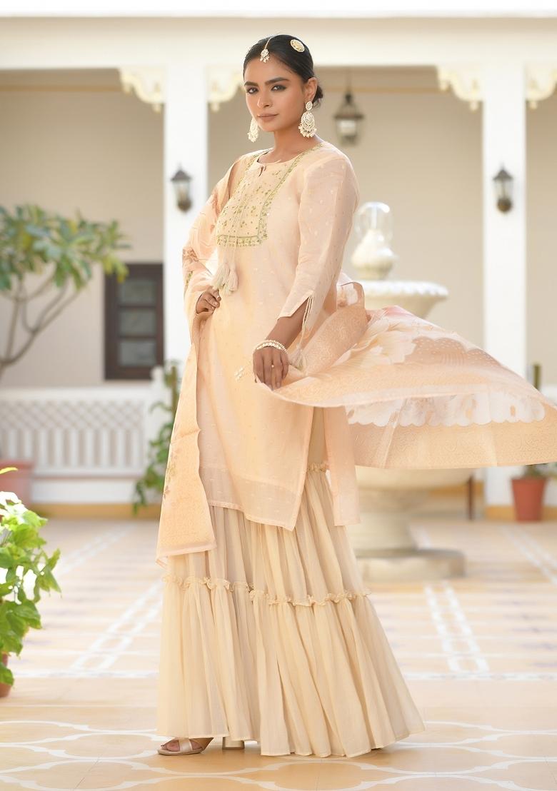 Peach Dori Work Chanderi Sharar Set - Indya