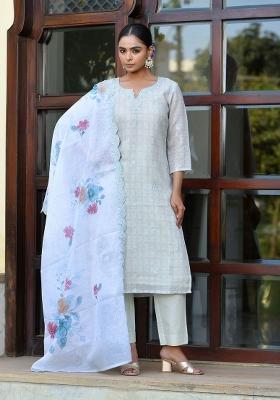 Grey Zari Linen Suit Set