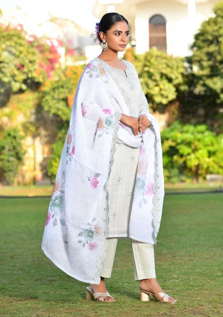 Grey Zari Linen Suit Set - Indya