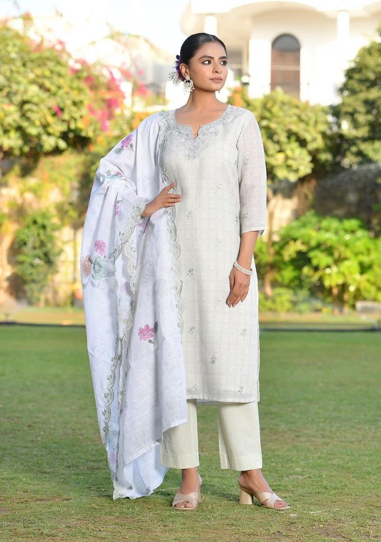 Grey Zari Linen Suit Set - Indya