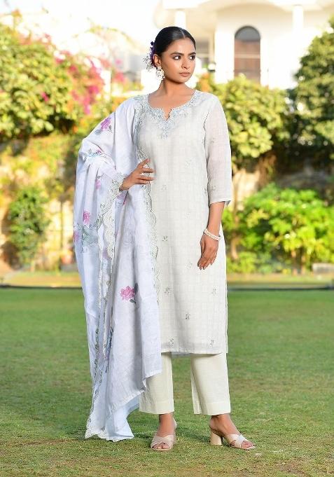 Grey Zari Linen Suit Set