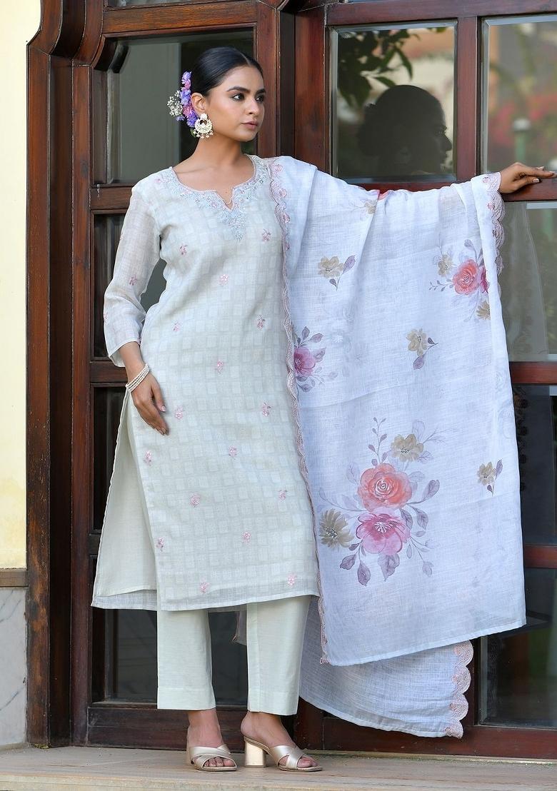 Grey Zari Linen Suit Set - Indya