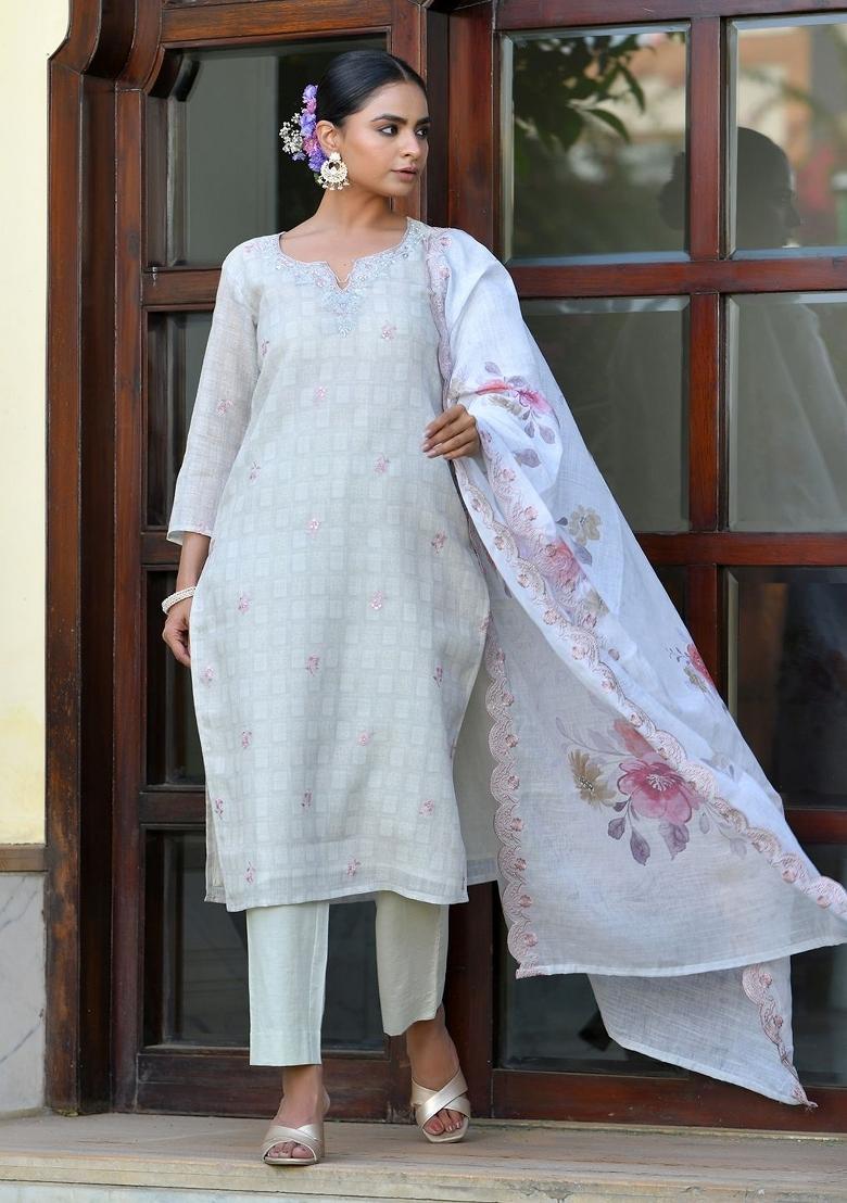 Grey Zari Linen Suit Set - Indya