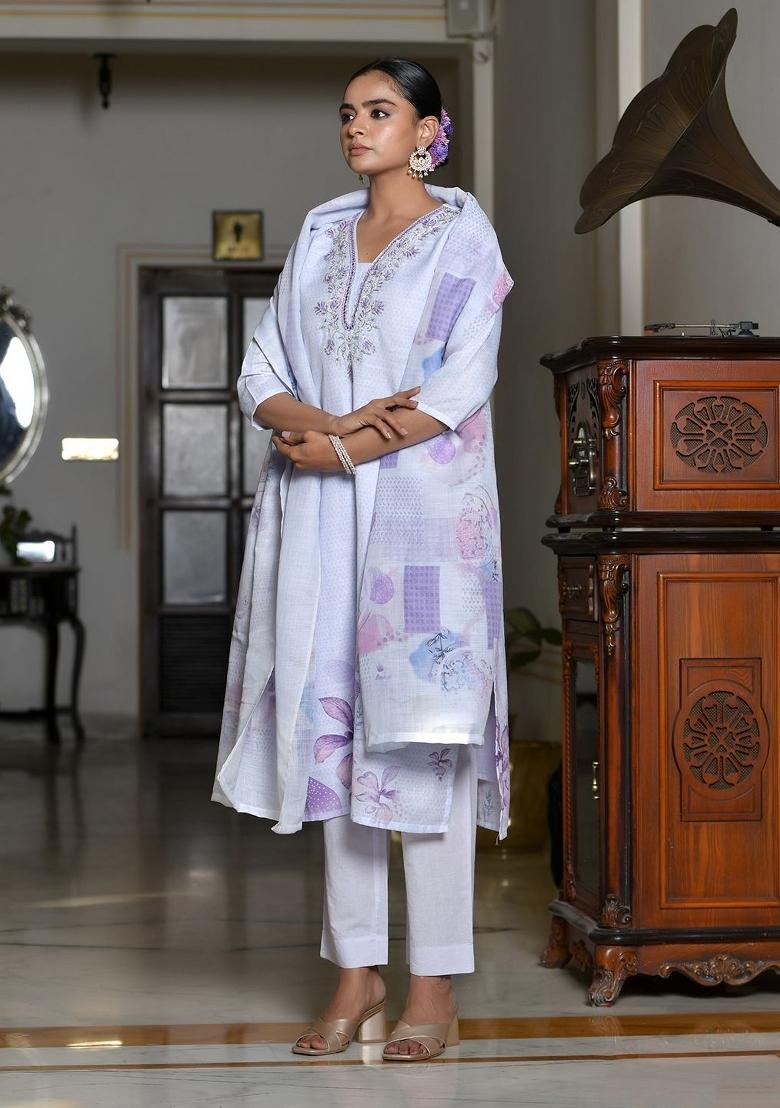 Lilac Zari Linen Suit Set - Indya