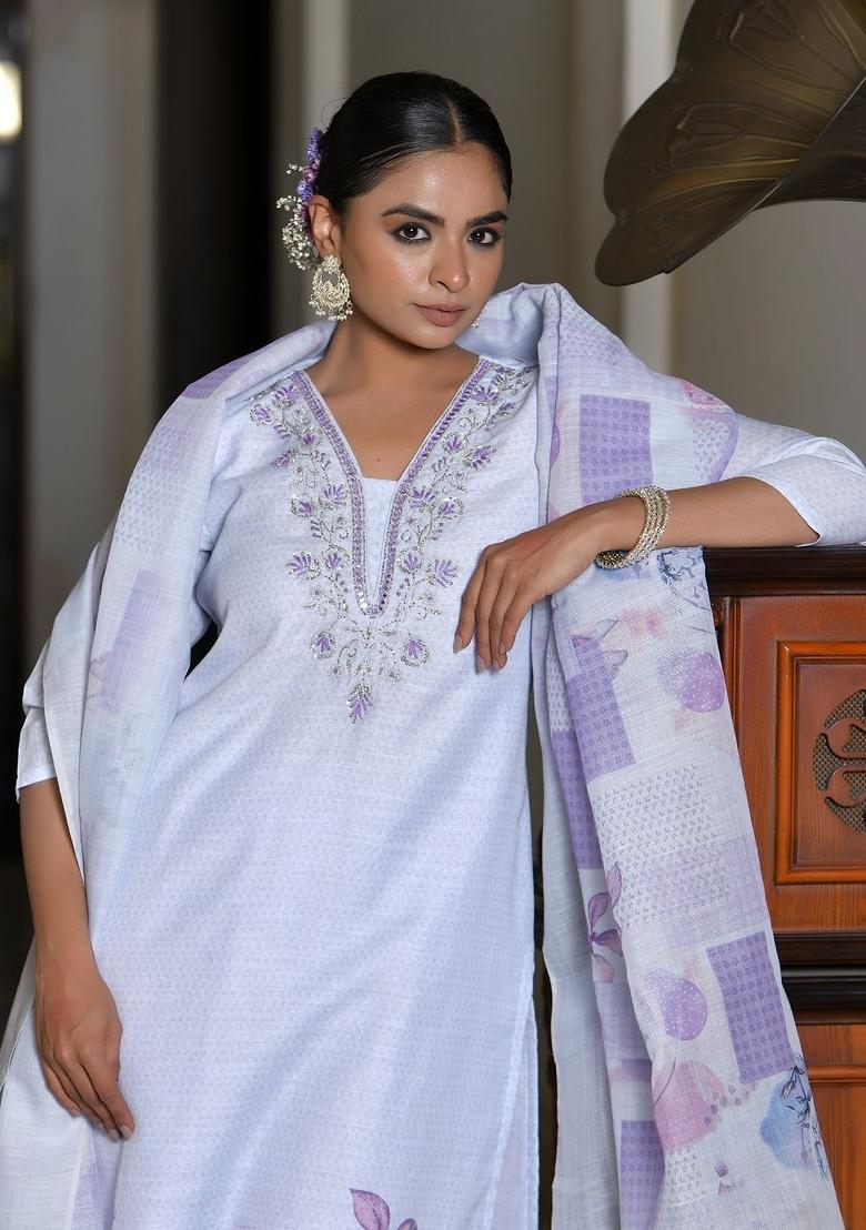 Lilac Zari Linen Suit Set - Indya