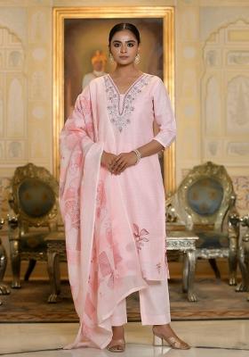 Pink Zari Linen Suit Set
