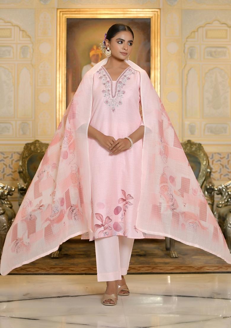 Pink Zari Linen Suit Set - Indya