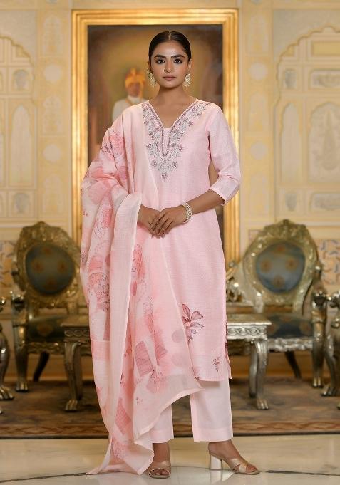 Pink Zari Linen Suit Set