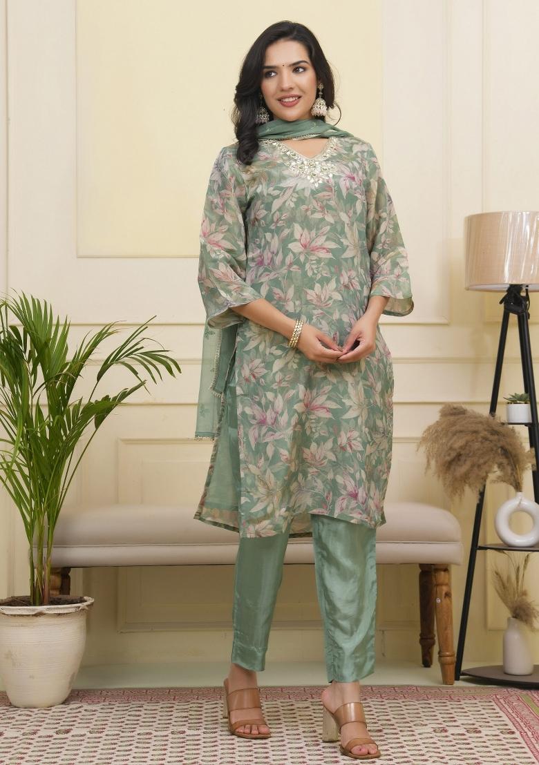 Green Gota Patti Tissue Suit Set - Indya