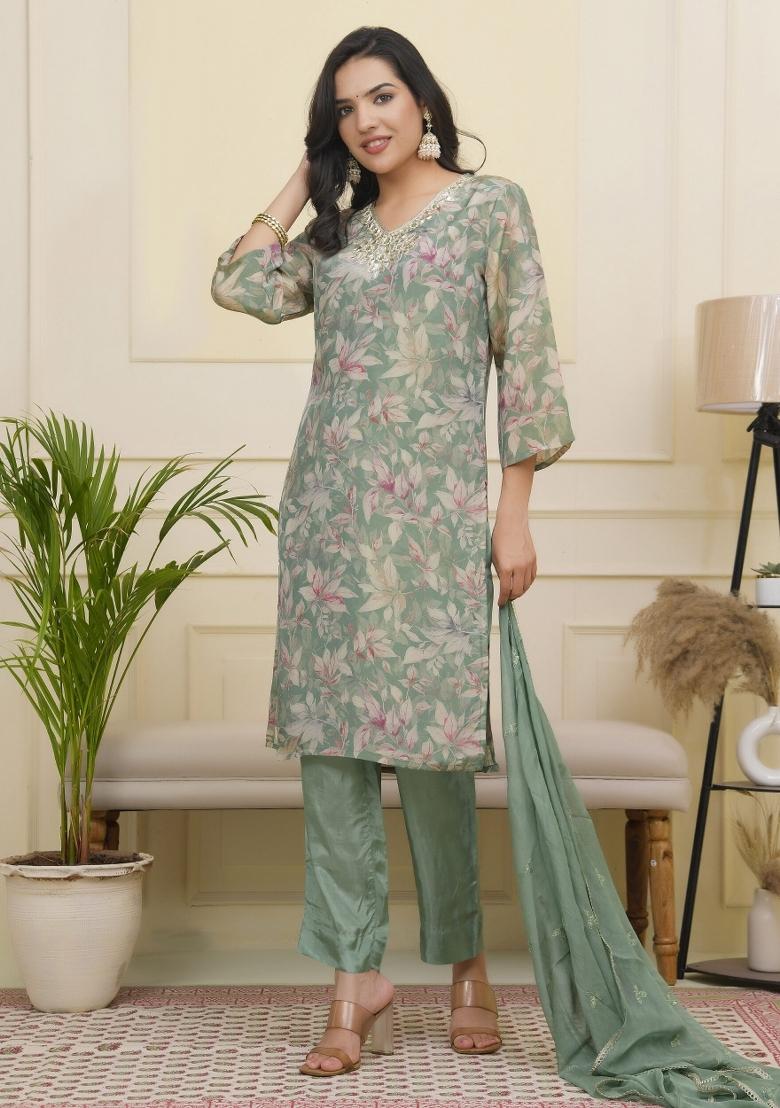 Green Gota Patti Tissue Suit Set - Indya