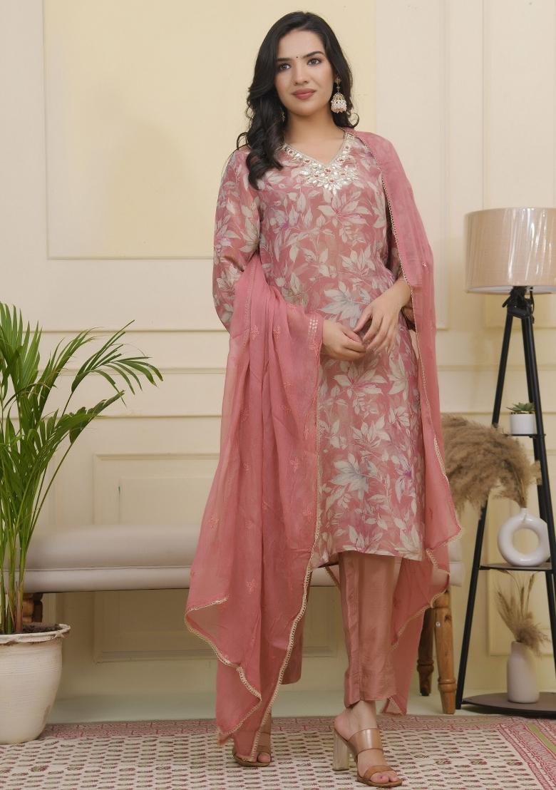 Pink Gota Patti Tissue Suit Set - Indya