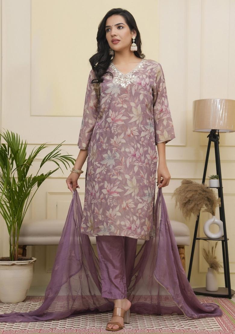 Purple Gota Patti Tissue Suit Set - Indya