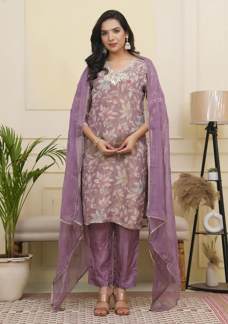 Purple Gota Patti Tissue Suit Set - Indya