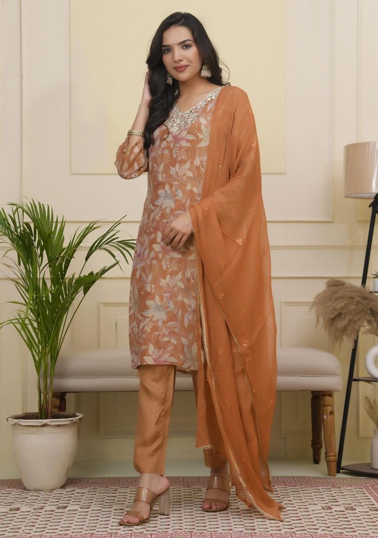 Rust Gota Patti Tissue Suit Set - Indya