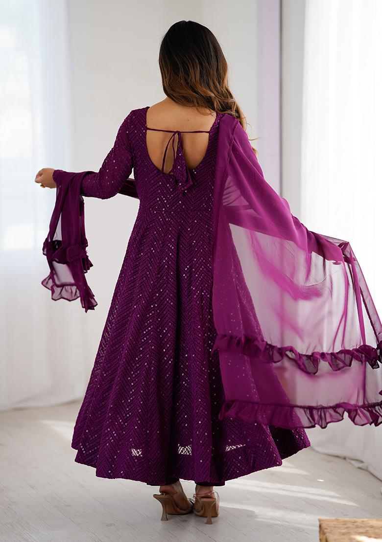 Wine Embroidered Georgette Anarkali Set - Indya
