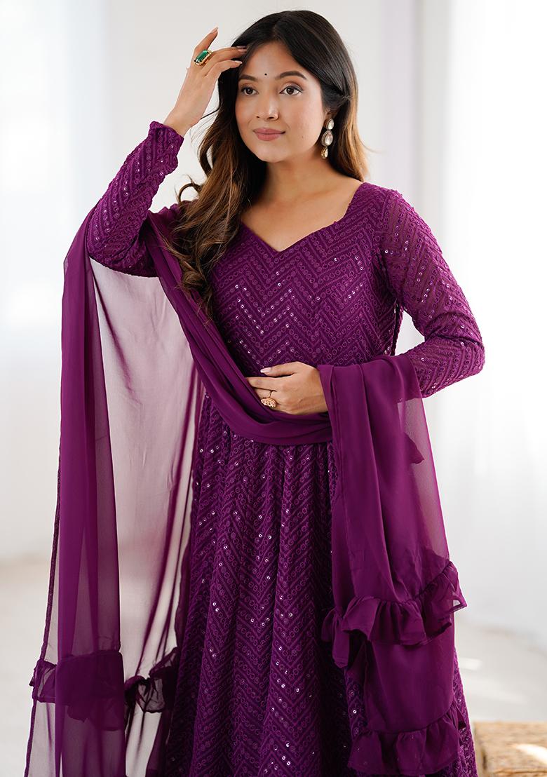 Wine Embroidered Georgette Anarkali Set