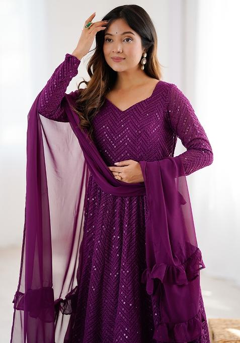 Wine Embroidered Georgette Anarkali Set