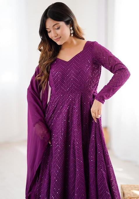 Wine Embroidered Georgette Anarkali Set