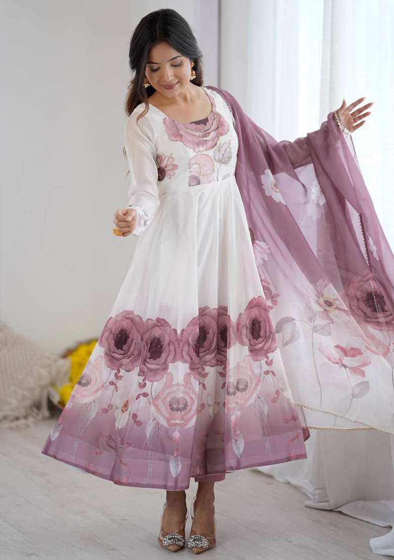Onion Pink Floral Print Organza Anarkali With Dupatta - Indya