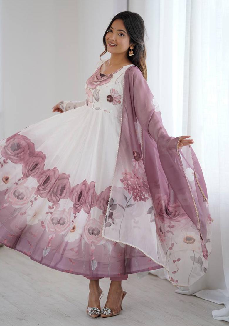 Onion Pink Embroidered Organza Anarkali Set - Indya