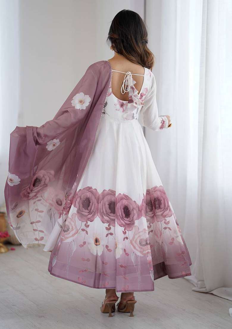 Onion Pink Floral Print Organza Anarkali With Dupatta - Indya