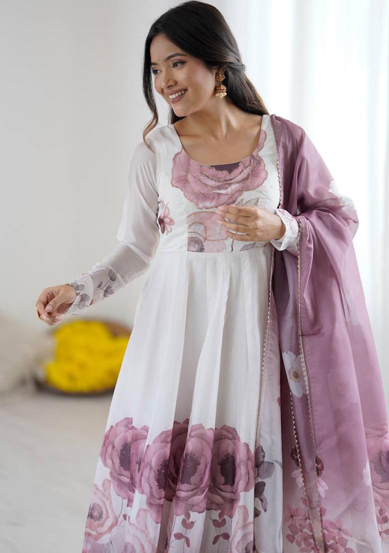 Onion Pink Embroidered Organza Anarkali Set - Indya
