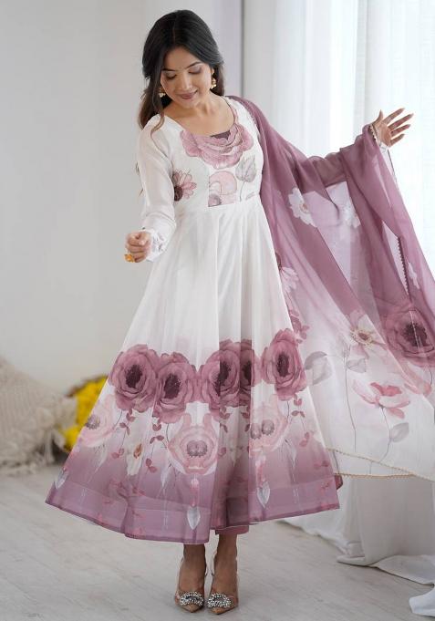 Onion Pink Embroidered Organza Anarkali With Dupatta