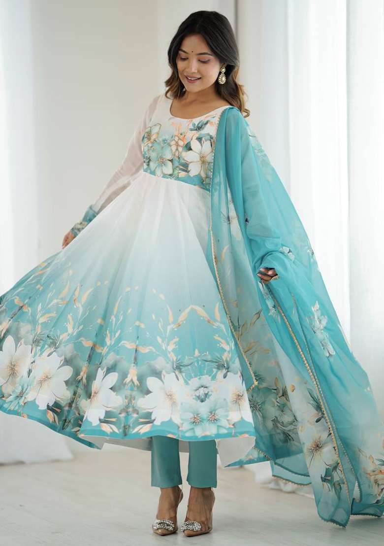 Aqua Blue Floral Print Organza Anarkali With Dupatta - Indya