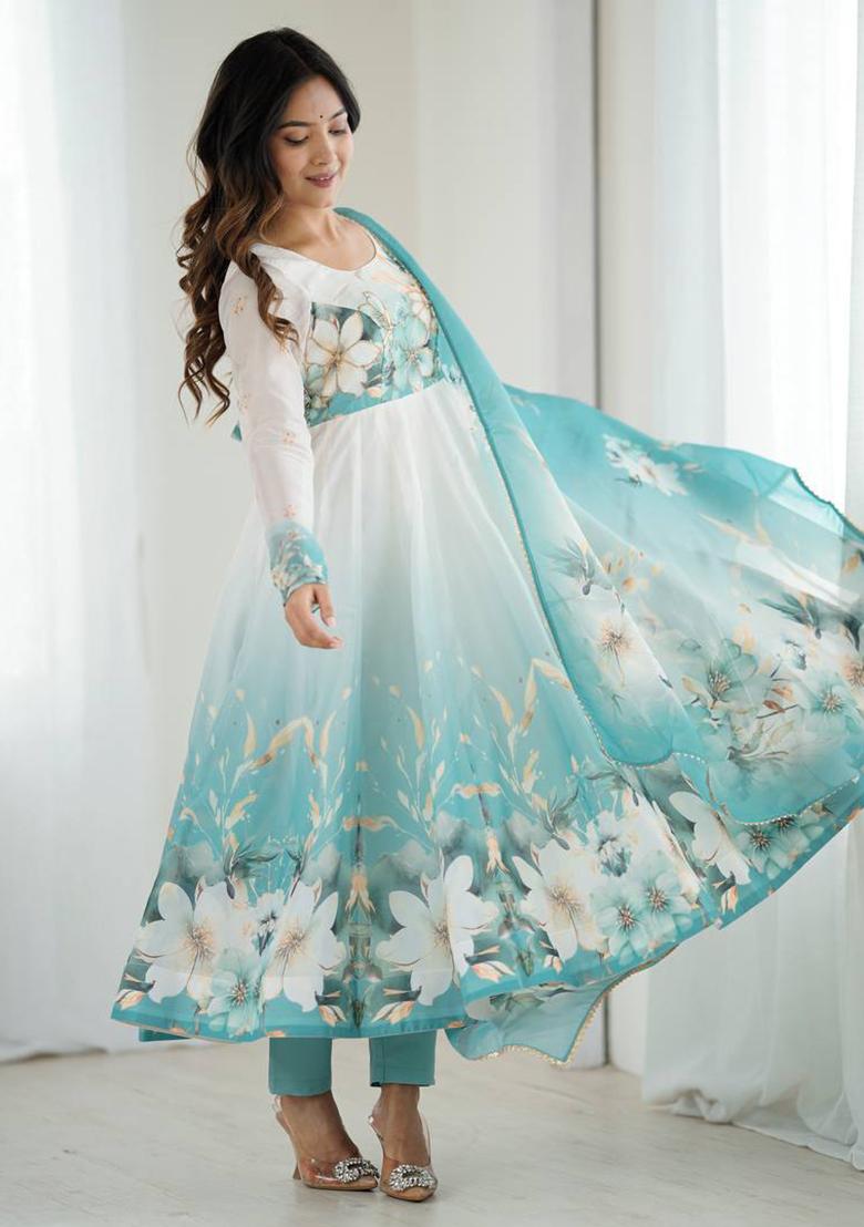 Aqua Blue Embroidered Organza Anarkali Set - Indya