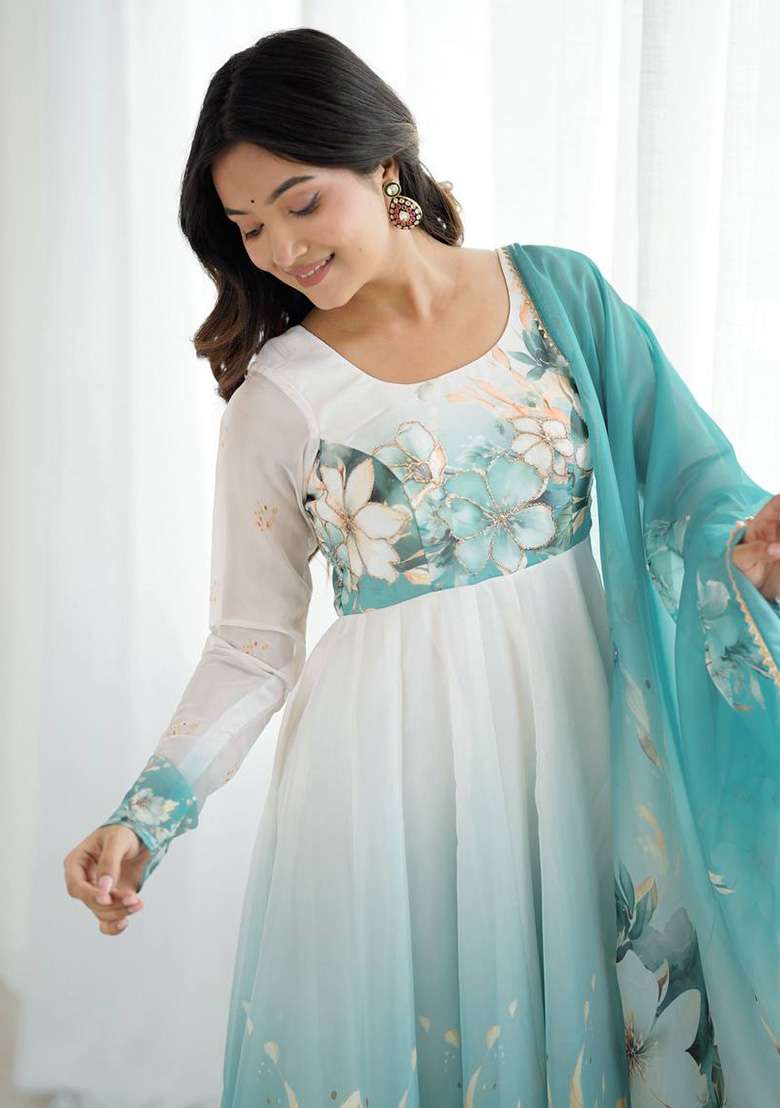 Aqua Blue Floral Print Organza Anarkali With Dupatta - Indya