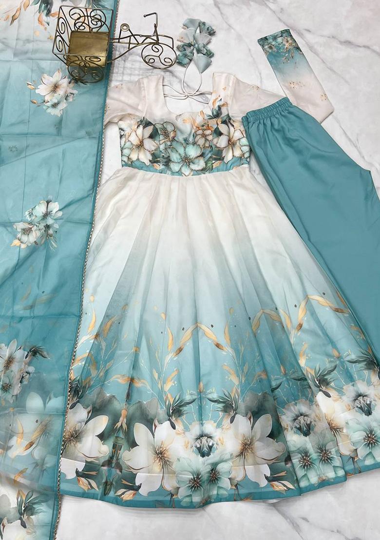 Aqua Blue Embroidered Organza Anarkali Set - Indya