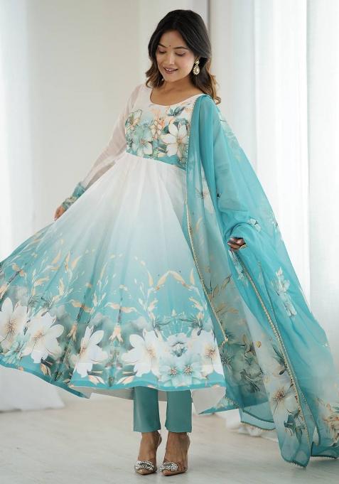 Aqua Blue Embroidered Organza Anarkali With Dupatta