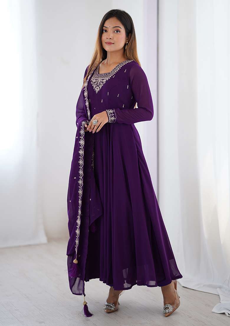 Purple Embroidered Georgette Anarkali With Dupatta - Indya