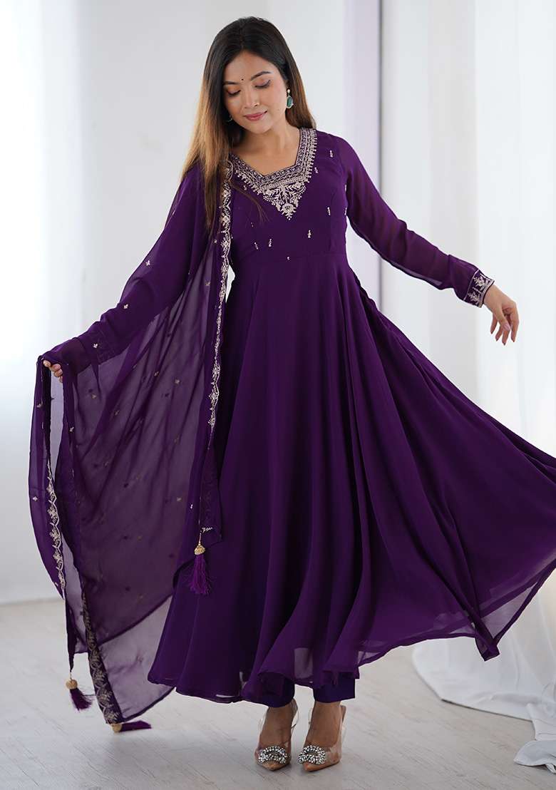 Purple Embroidered Georgette Anarkali With Dupatta - Indya
