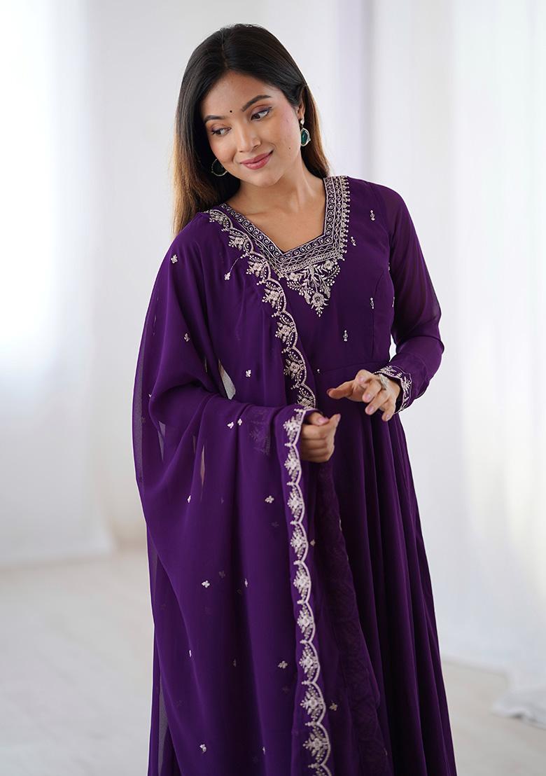 Purple Embroidered Georgette Anarkali Set - Indya