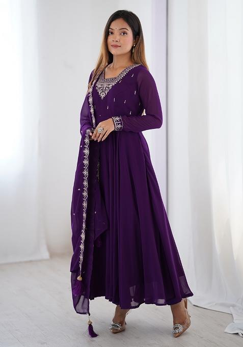 Purple Embroidered Georgette Anarkali Set