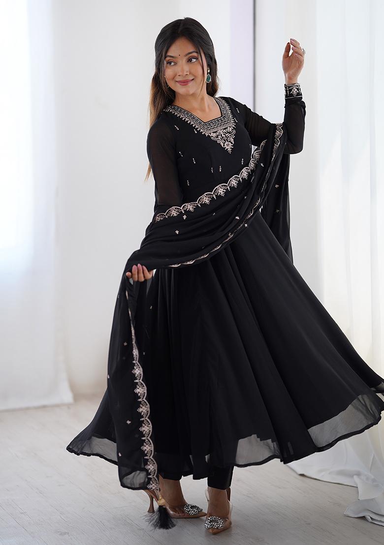 Black Embroidered Georgette Anarkali Set - Indya